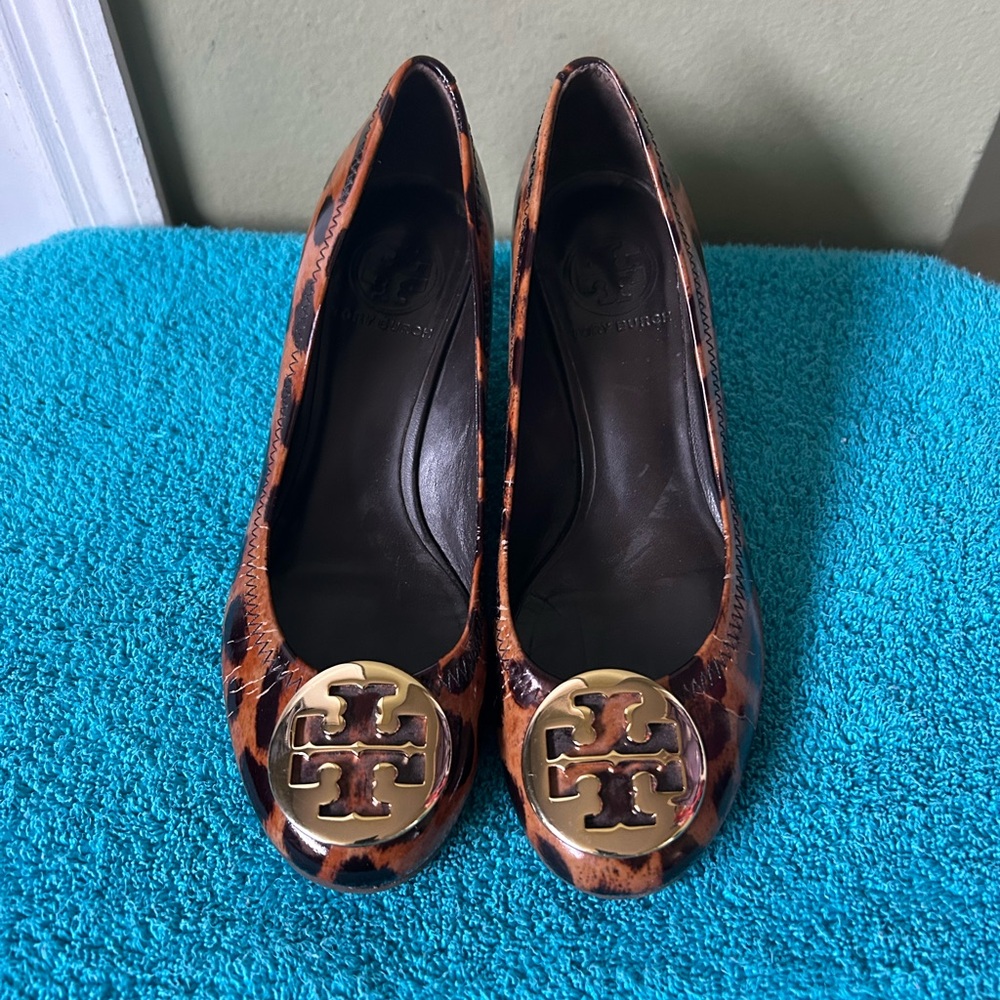 Tory Burch Leopard Print Wedge Heels with Gold Logo